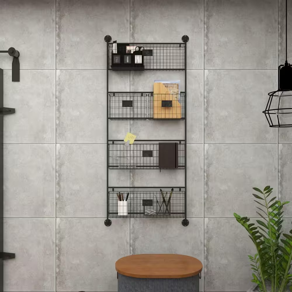 Black Wall Mounted Magazine Rack Holder with Suspended Baskets and Label Slots