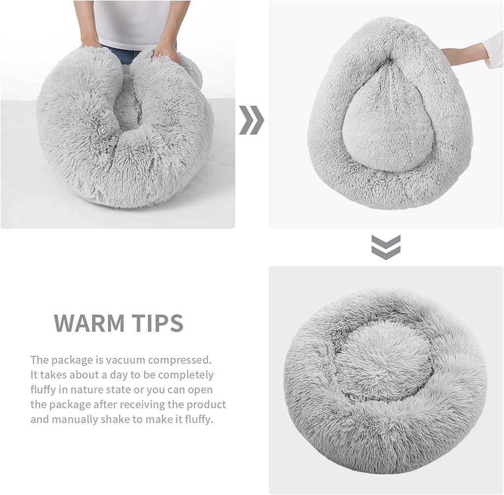 Anti-Anxiety Donut Cat & Dog Bed - Round, Cozy, Plush, Machine Washable, 20X20Inch Grey
