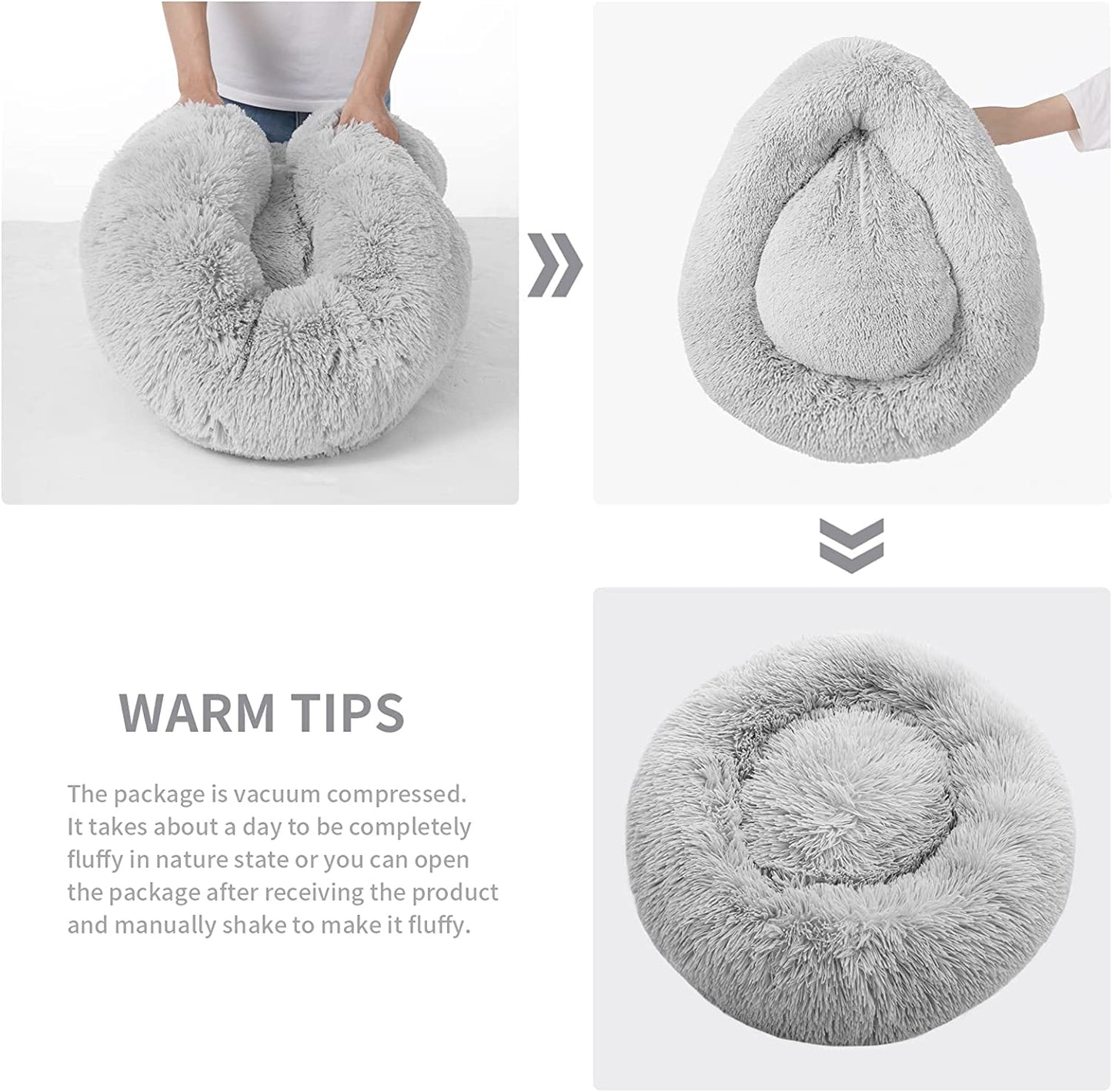 Anti-Anxiety Donut Cat & Dog Bed - Round, Cozy, Plush, Machine Washable, 20X20Inch Grey