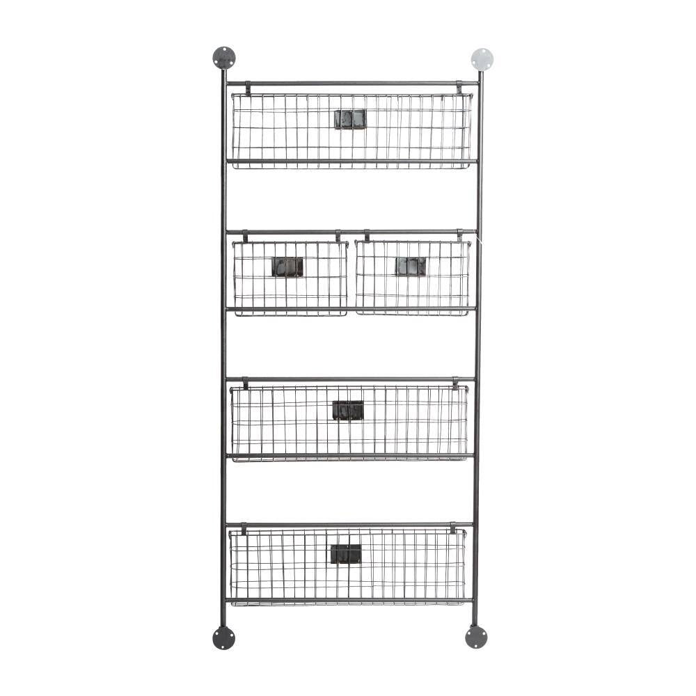 Black Wall Mounted Magazine Rack Holder with Suspended Baskets and Label Slots