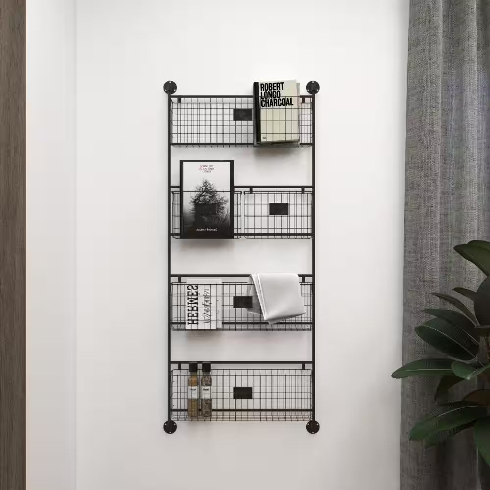 Black Wall Mounted Magazine Rack Holder with Suspended Baskets and Label Slots