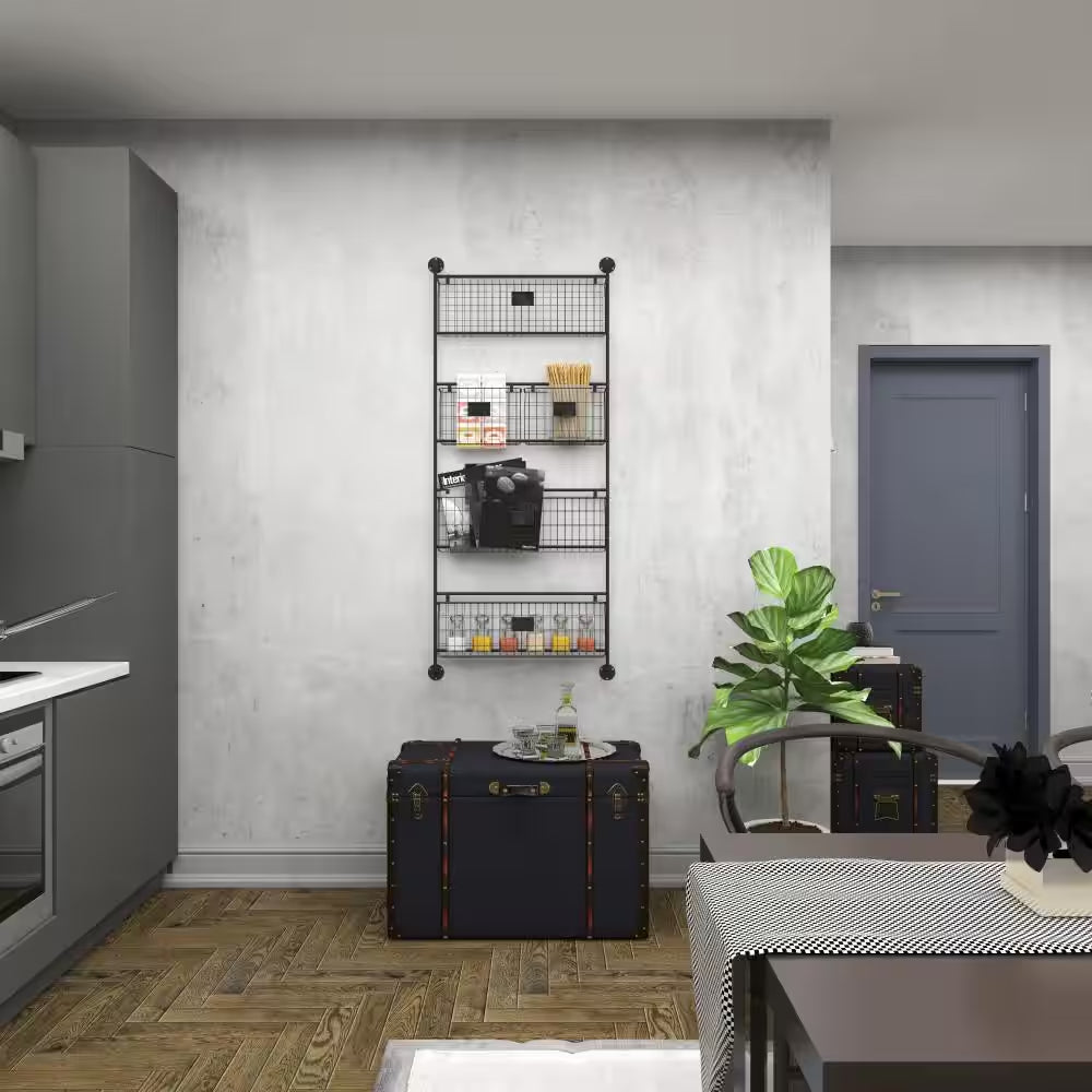Black Wall Mounted Magazine Rack Holder with Suspended Baskets and Label Slots