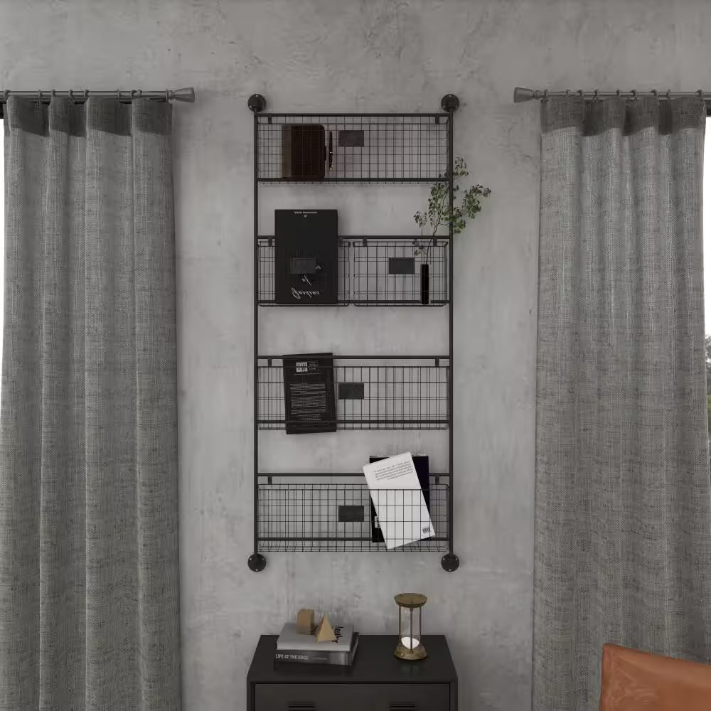 Black Wall Mounted Magazine Rack Holder with Suspended Baskets and Label Slots