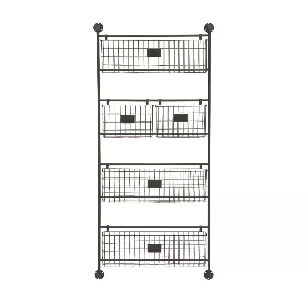 Black Wall Mounted Magazine Rack Holder with Suspended Baskets and Label Slots