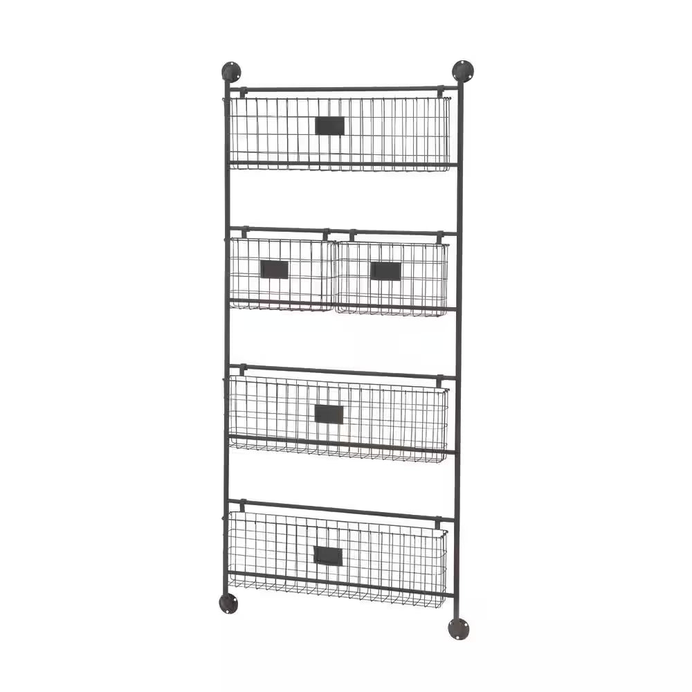Black Wall Mounted Magazine Rack Holder with Suspended Baskets and Label Slots