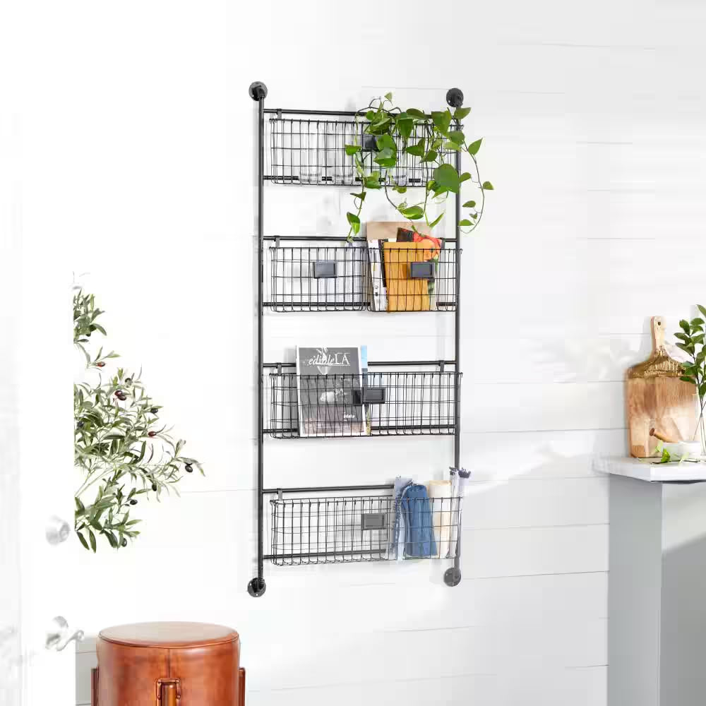 Black Wall Mounted Magazine Rack Holder with Suspended Baskets and Label Slots