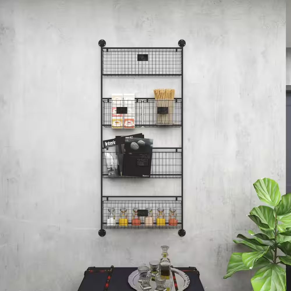 Black Wall Mounted Magazine Rack Holder with Suspended Baskets and Label Slots