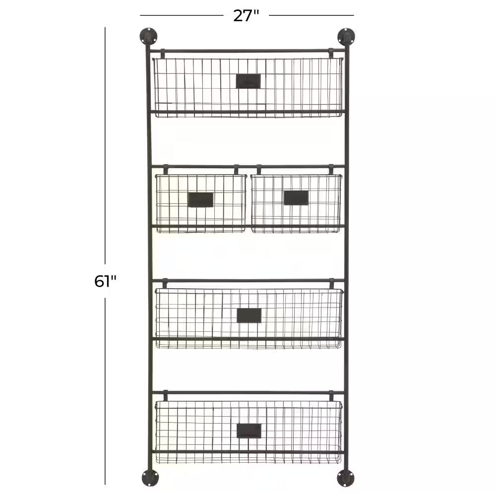 Black Wall Mounted Magazine Rack Holder with Suspended Baskets and Label Slots